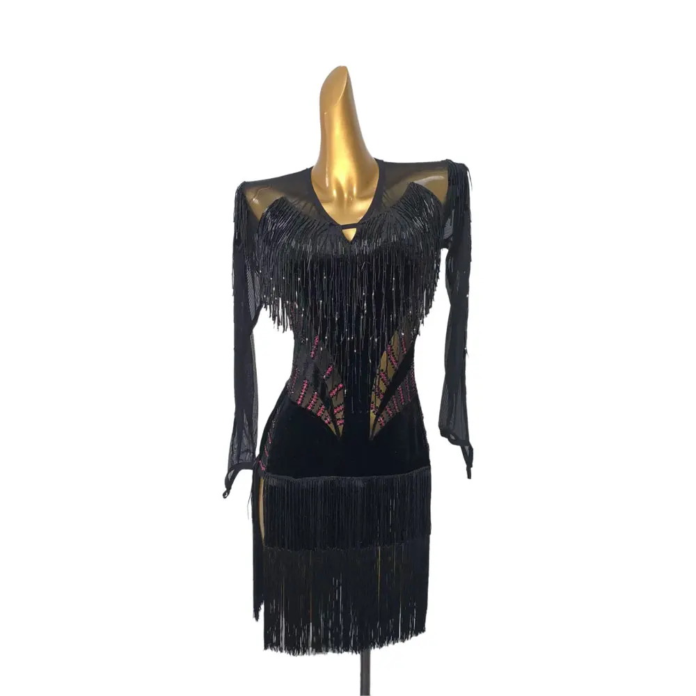 Latin Dance Competition Costume Stage Women's Clothing High-end Customized Black Mesh Tassel Samba Rhinestone Performance Dress