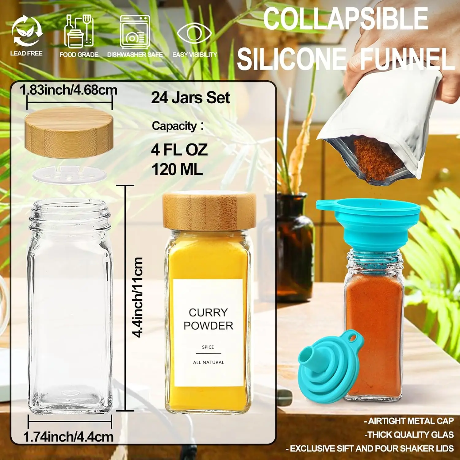 Glass Spice‑Jars With Bamboo Lids, Includes 398 Labels, Perfect for Cabinet & Drawer Seasoning Organization