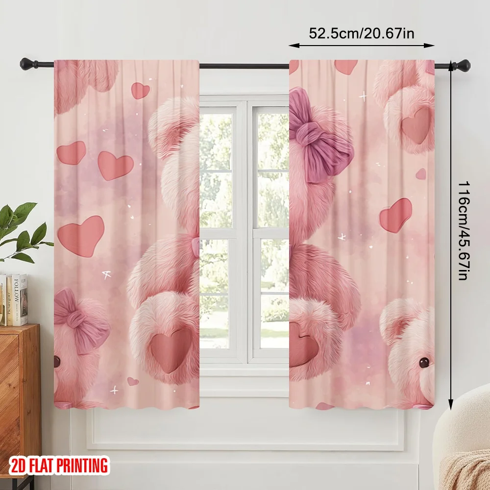 2pcs,2D plane printing Pattern Curtains Pink Teddy Bear Cuteness Polyester Fabric (without rod) Decorations Inside Use for