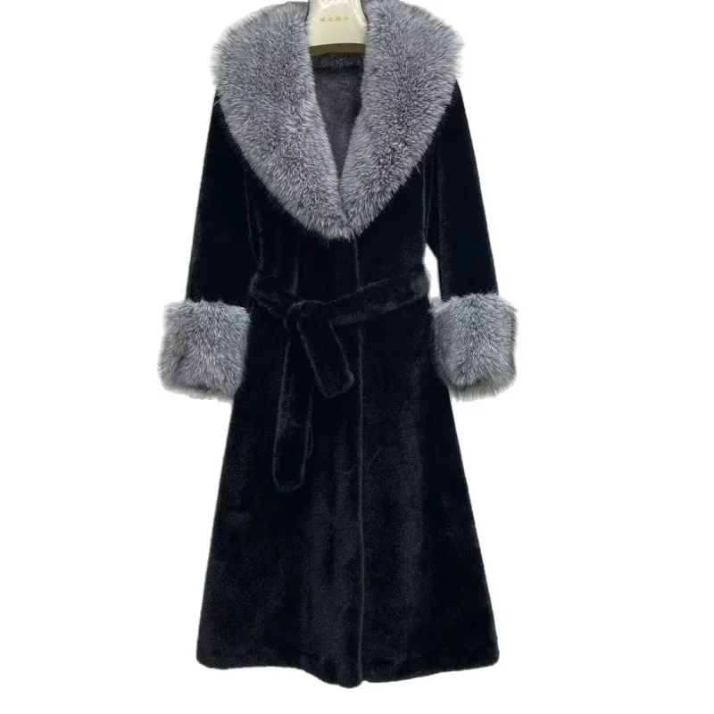 New Popular Luxury Leopard Print Fur Imitation Mink Fox Big Fur Collar Waist Thin Plus Fur Integrated Extended Coat Temperament