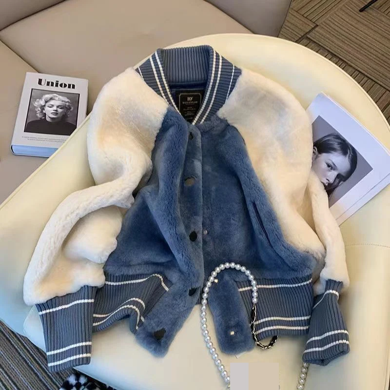 Contrast color lamb wool coat women's autumn and winter  loose patchwork top thickened baseball suit trend  jackets for women