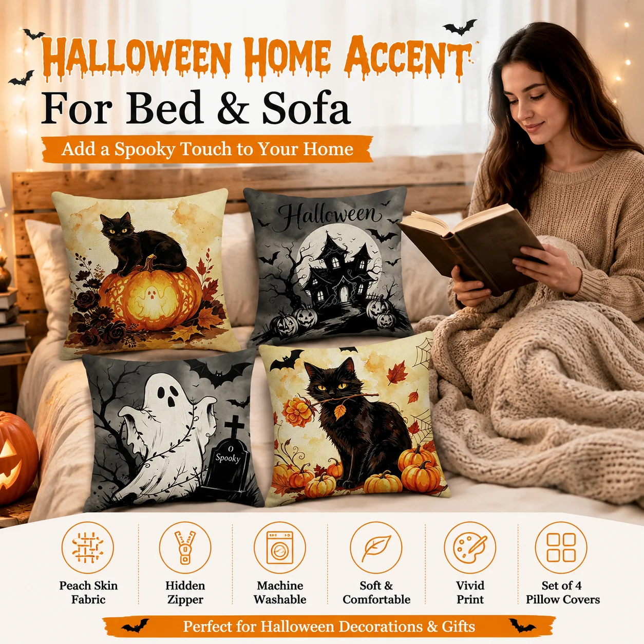 

Room Decor 2D Flat Printed Peach Skin Pillowcase Autumn Halloween Spooky Cat Pillow Cover 4 Pcs Coussin Bed Cushion Covers