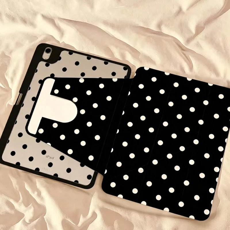 Cool Black White Polka Dot Y-Shaped Triple Fold For iPad 2025 Rotatable Cover For iPad Pro 12.9in Air7 10th 11th MINI M4 M5 Case