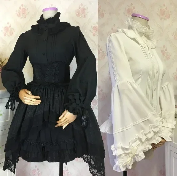 Gothic Women's Blouse Vintage Two-way Long Sleeve Button Down Shirt with Ruffled Stand Collar