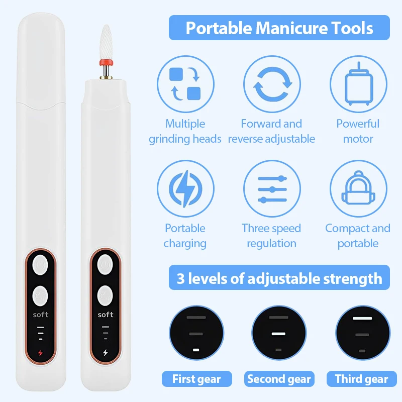 Electric Nail Drill Machine 15000RPM with LED Light Cordless Manicure Cutter for Nail Repair Designed Gel Removing Salons Tools