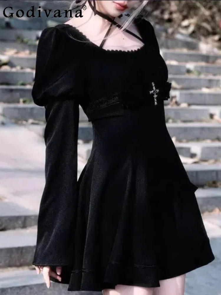 Autumn Gothic Dark Long Sleeve Lace-Up High Waist Dress Fashion Versatile Black Age Reduction Personality Girl Gothic Dresses