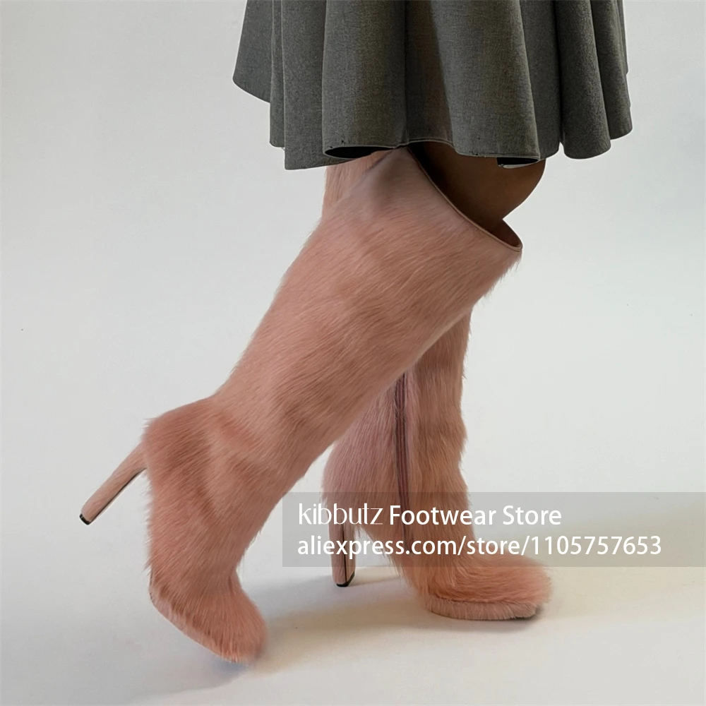 Side Zipper Closure Square Toe Knee High Boots Sexy Fashion Long Faux Fur Upper Boots Soft Furry Texture Thick Block Boots