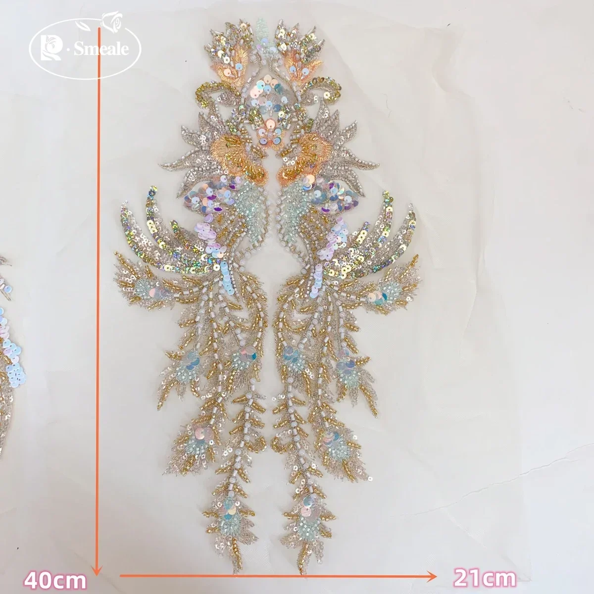 Pailletten-Perlen-Stickerei-Spitzenkopfbedeckung, Kostüm-Hanfu-Gürtel, Champagnergold-Fischschuppen, Bühnenkostüm, RS24609 – Detail 7