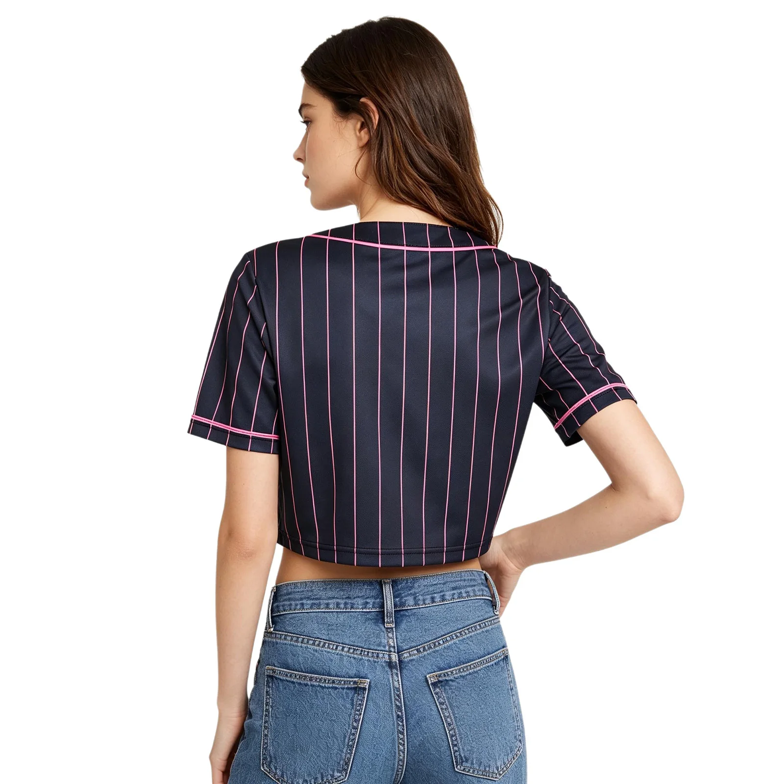 Women Cropped Baseball Top V Neck Short Sleeve Letters Print Striped Button Front for Casual Cheerleading Ball Games