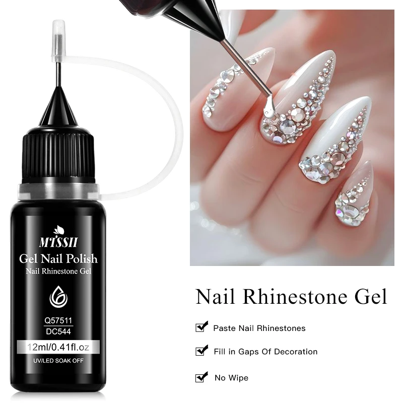 12ml Nail Rhinestone Gel - Alcohol-Free, Non-Wipe, Precision Application, Strong Hold, Glossy Finish for Nail Art Gem Adhesion