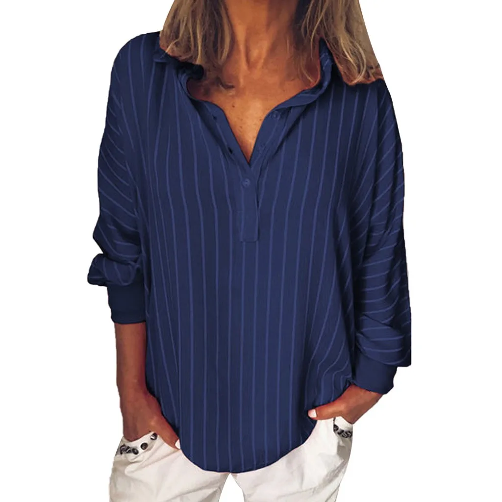 

Fashion Summer Ladies Loose Casual Striped Splicing Button Lapel Long Sleeve Shirt Top Blouse Vintage Comfortable Shirts