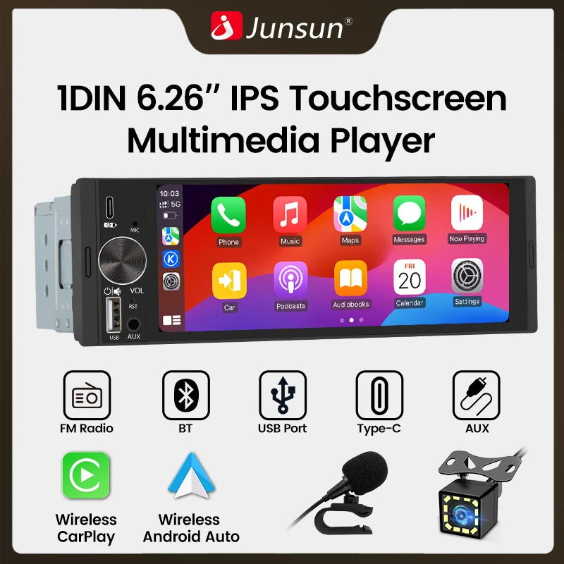 Junsun 6.26 Inch Wireless Android Auto Universal Radio For Apple Carplay GPS 4G BT MP5 Car Stereo Multimedia 1 Din GPS Navi