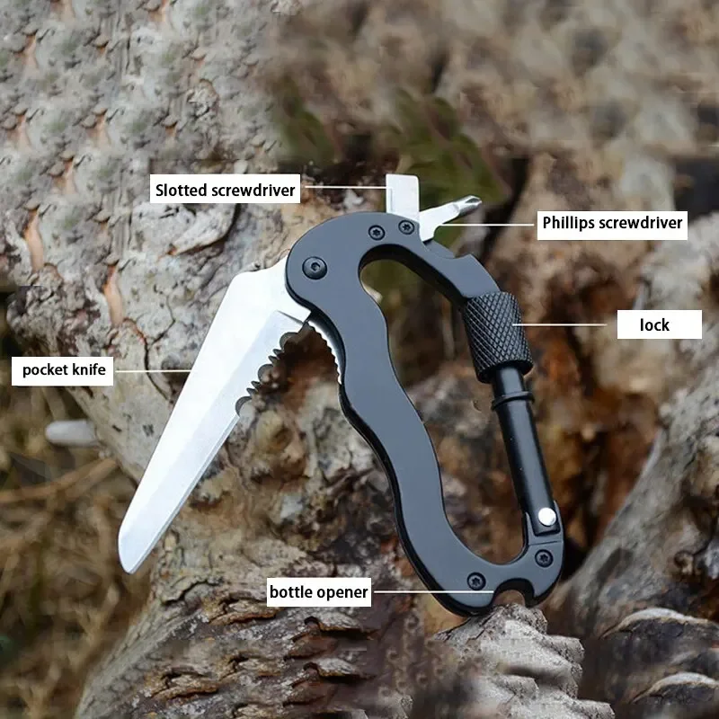 Fibbia da alpinismo multifunzione da campeggio 5in1, moschettone cacciavite apribottiglie mini coltello pieghevole strumento di sopravvivenza