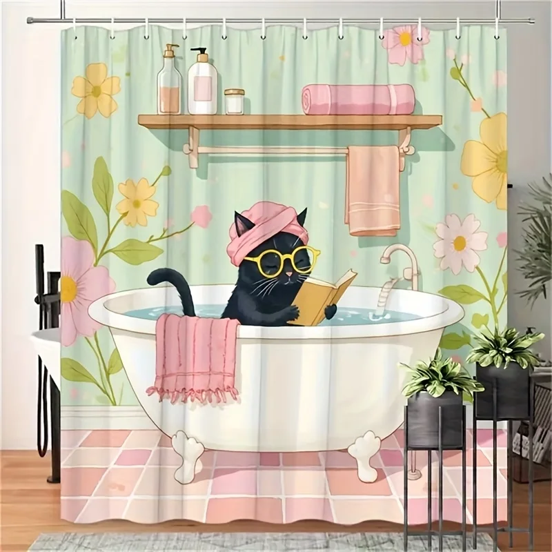 2D Flat Print 1pc Comfortable Cat Bathroom Shower Curtain with Black Glasses, Includes 12 Hooks, 180.34x180.34 cm, Durable Windo