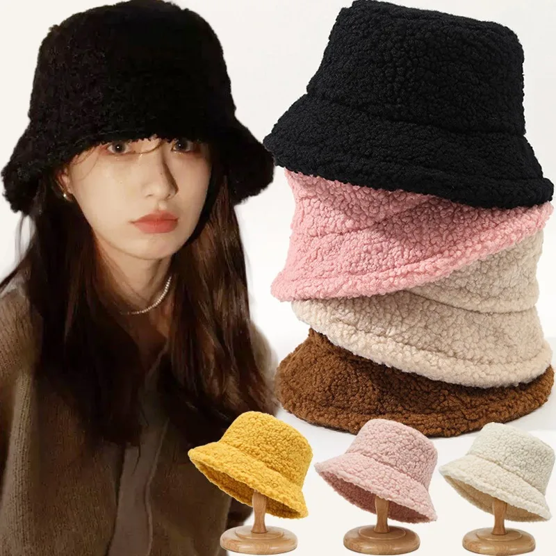 7colors Cashmere Bucket Hat Girls Winter Lamb Wool Lady Fisherman Hats Wide Brim Flat Top Cold-proof Windproof Cap Solid Color