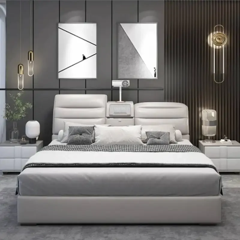 Multifonction European Double Bed Luxury Nordic Leather White Bed Frame High End Wood Camas De Matrimonio Dormitorio Furniture