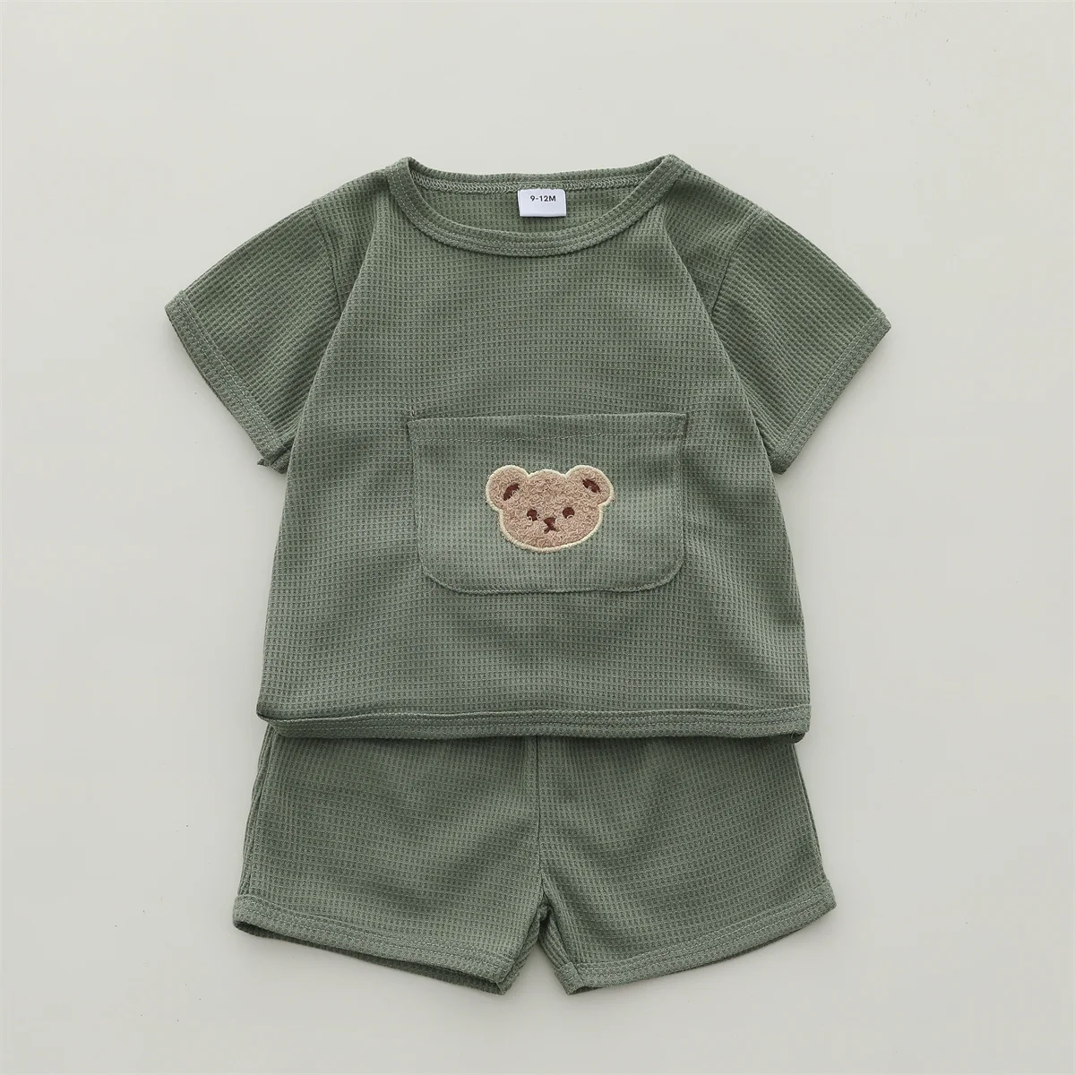 2PCS Infant and toddler summer waffle plaid round neck short sleeved shorts set with cartoon bear head pattern two-piece set