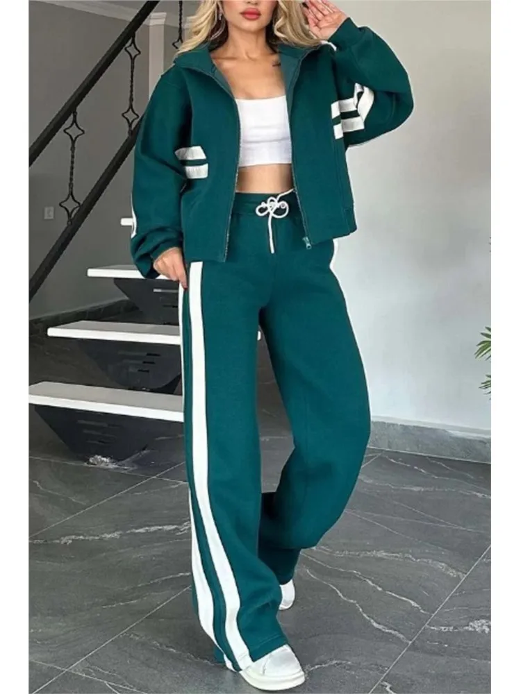 Autumn Winter Women's New Hoodie Suit Y2K Striped Zipper Loose Fit Jacket Outwear And High Waist Side-striped Pants Sports Sets