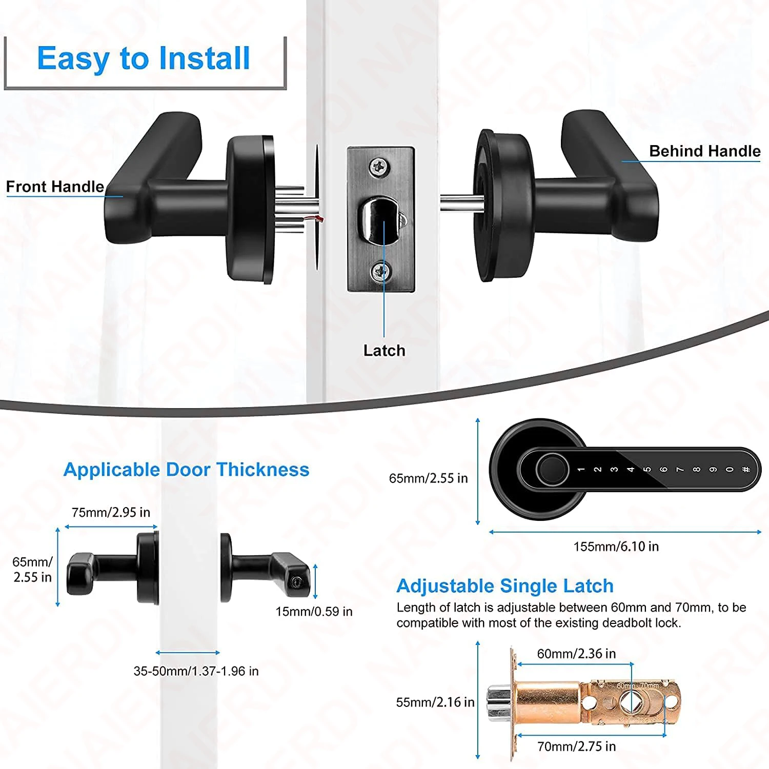 NAIERDI Fingerprint Smart Door Lock Black Biometric Door Lock with Handle Password Keyless Entry Security Door Hardware