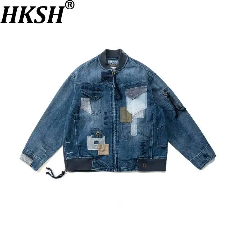 HKSH Spring Autumn New Men Tide Vintage Hand-embroidered Patchwork Washed Distressed Denim Jacket Women Vibe Y2K Fashion HK25971