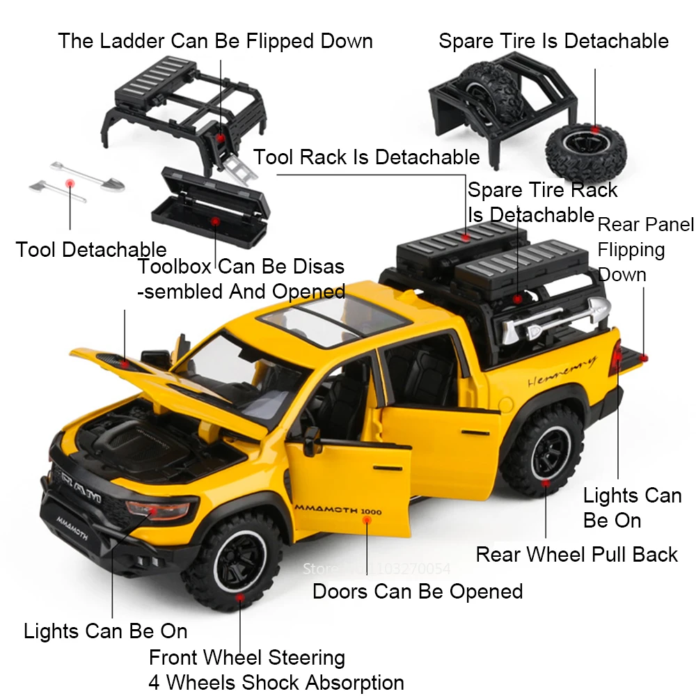 Modelo de coche Ram TRX Mammoth Pickup, escala 1:32, juguetes de aleación fundidos con sonido, luz, puertas extraíbles, furgoneta abierta, juguete para niños