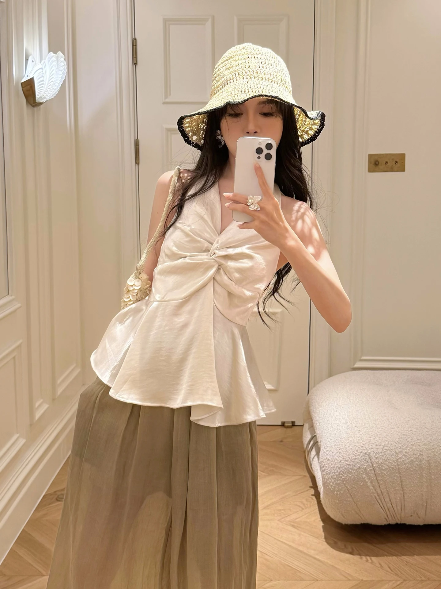 

Женская блузка SMOL V-Ne Satin Wrap с V-образным вырезом, атласная, с завышенной талией, утягивающая, для офиса, стандартной длины, однотонная