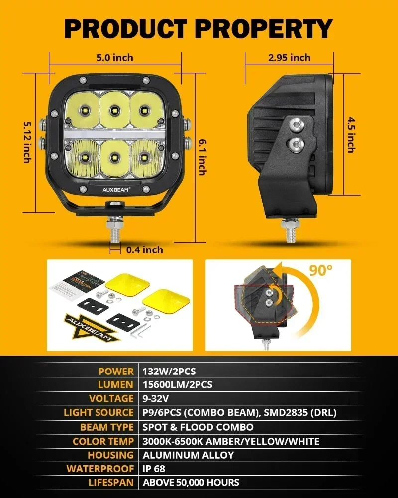 AUXBEAM LED Driving Lights 5 inch 132W Work Light Spot Flood Combo Beam Offroad LED POD Lamp DRL with DT Plug Wiring Harness