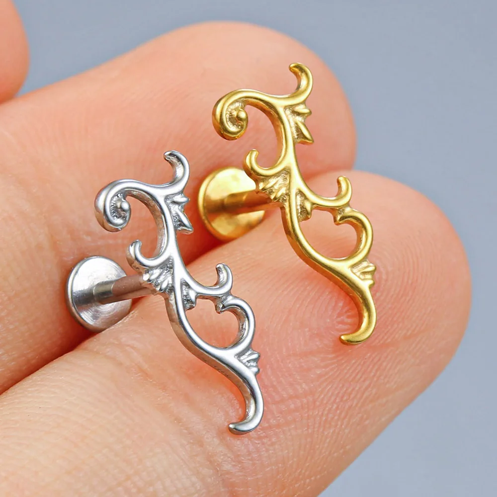 Giga 1 Stück ASTM F136 Titan Barock Rankenmuster Labret Stud Knorpelohrring Helix Flatback Piercing Schmuck Vintage – Detail 6