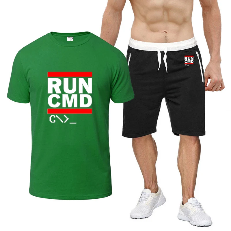 

Компьютерный программатор Run Cmd, летний мужской новый девятицветный комплект с короткими рукавами, подарок на день рождения для парня, костюмы с короткими рукавами + брюки