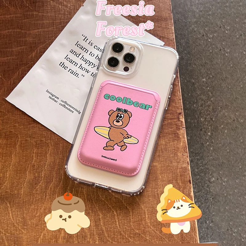 INS Korean Cute Bear For Magsafe Magnetic Card Clip Phone Case For iPhone 15 Pro Max Magnetic Wallet Card Holder Phone Accessory