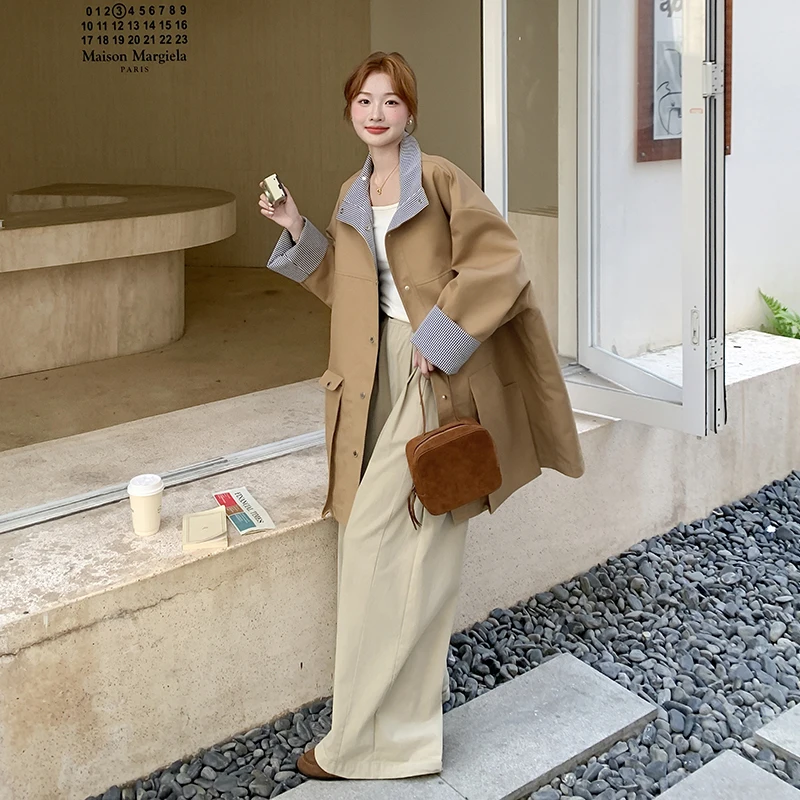 

SuperAen Khaki Turn-down Collar Trench Coat for Women 2026 Autumn New Mid-length Fashionable Korean-style Oversize Design Coats