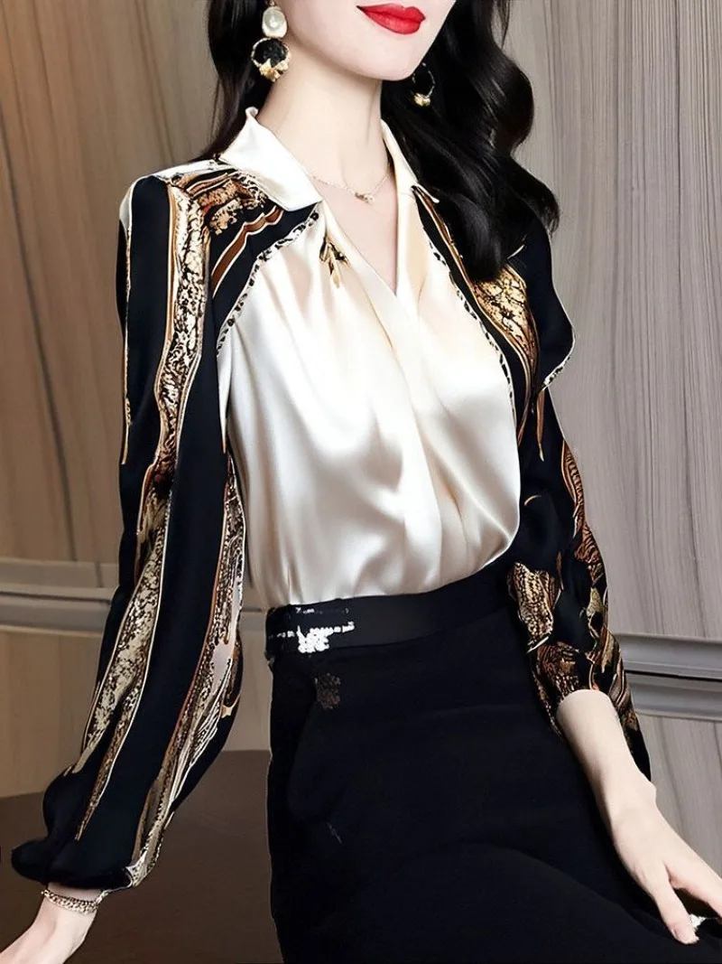 

2026 Summer Female European Style Fashion High-end Feel, Front Shoulder Slimming, Silk Acetate Satin Printed Top, Chiffon Shirt