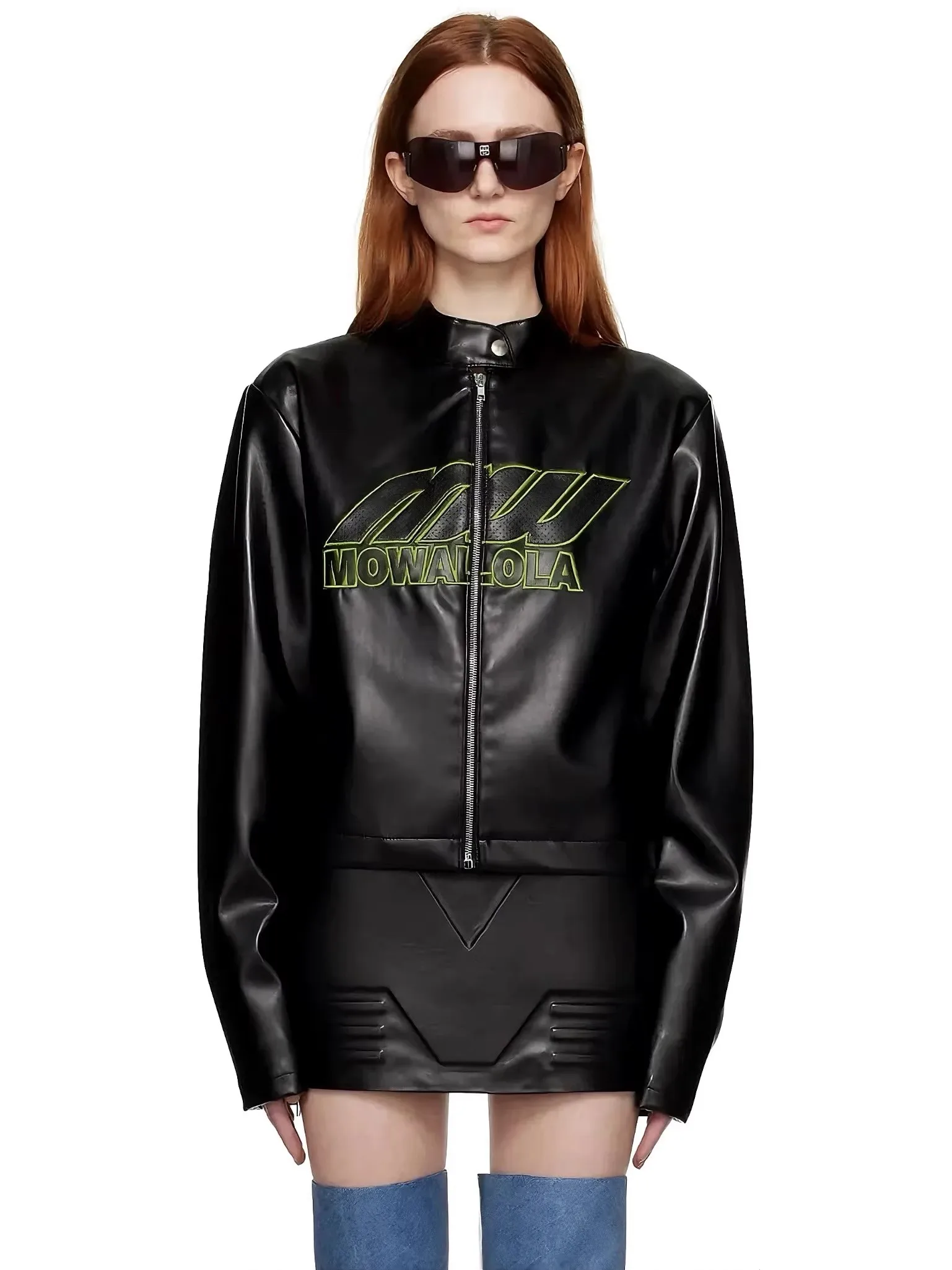 

2025 Mowalola Embroidered Racing Mesh Zipper Leather YVL Style Jacket WY1486