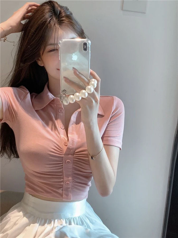 Zoki Sexy Cropped Women Slim Pleated T Shirt Summer Korean Simple Turn Down Collar Tops Casual Short Sleeve Club Female Tees New