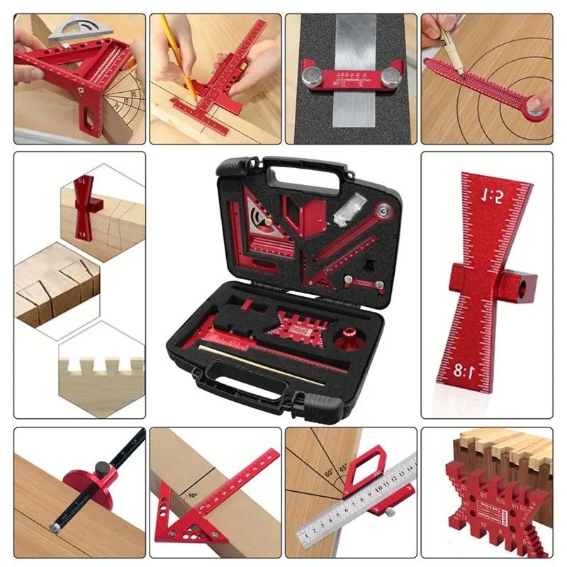 Woodworking Square Kit With T-Square Positioning Block Compass 10Pcs Comprehensive Honing Guide