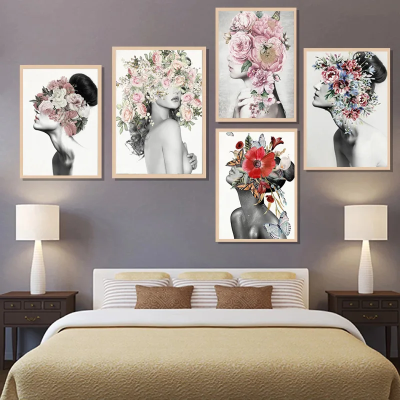 

Fashion Women Butterfly Sexy Girl with Bouquet Art Unframed Canvas Painting Posters For Living Room Bedroom Home Wall Art Decor
