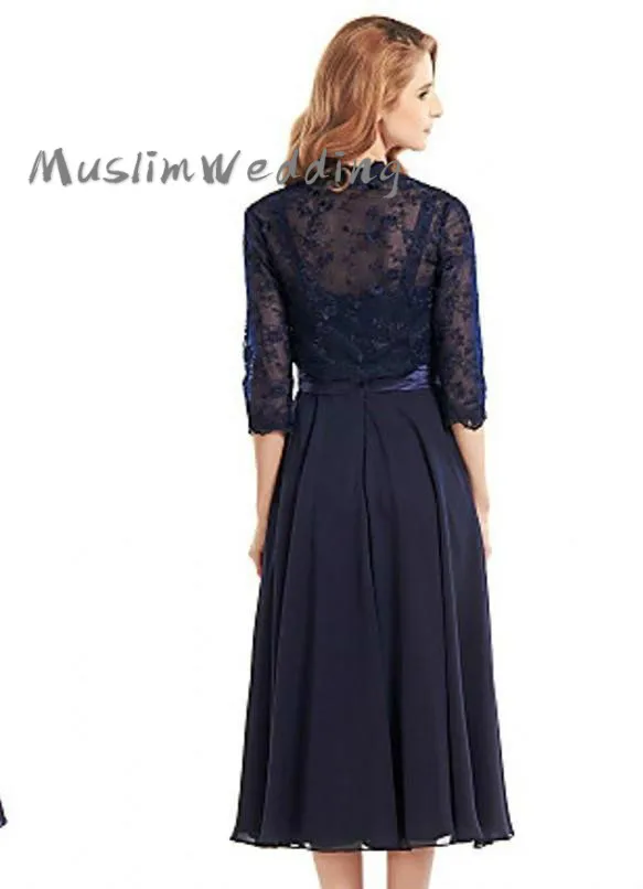 Stylish Navy Blue Mother Of The Bride Dresses With Lace Jacket Tea Length Chiffon Beach Wedding Guest Dress Evening Customized