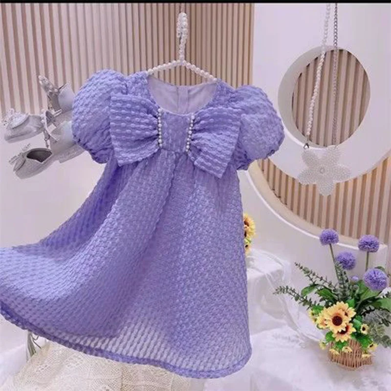 Summer Solid All Match Elegant Bead Bow Girls\' Dress Fashion Purple Bubble Sleeve Princess Dress Short Sleeve Children\'s Clothes