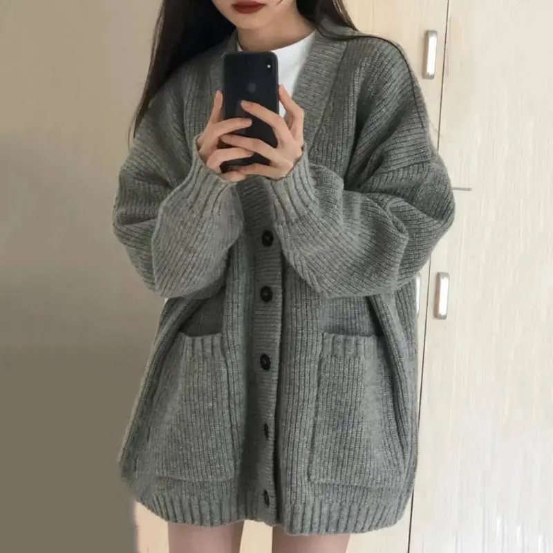 

Spring and Autumn Korean Style Simple Gray Knitted Cardigan Sweater Jacket Women's Lazy Loose Y2K This Year's Popular Sweater