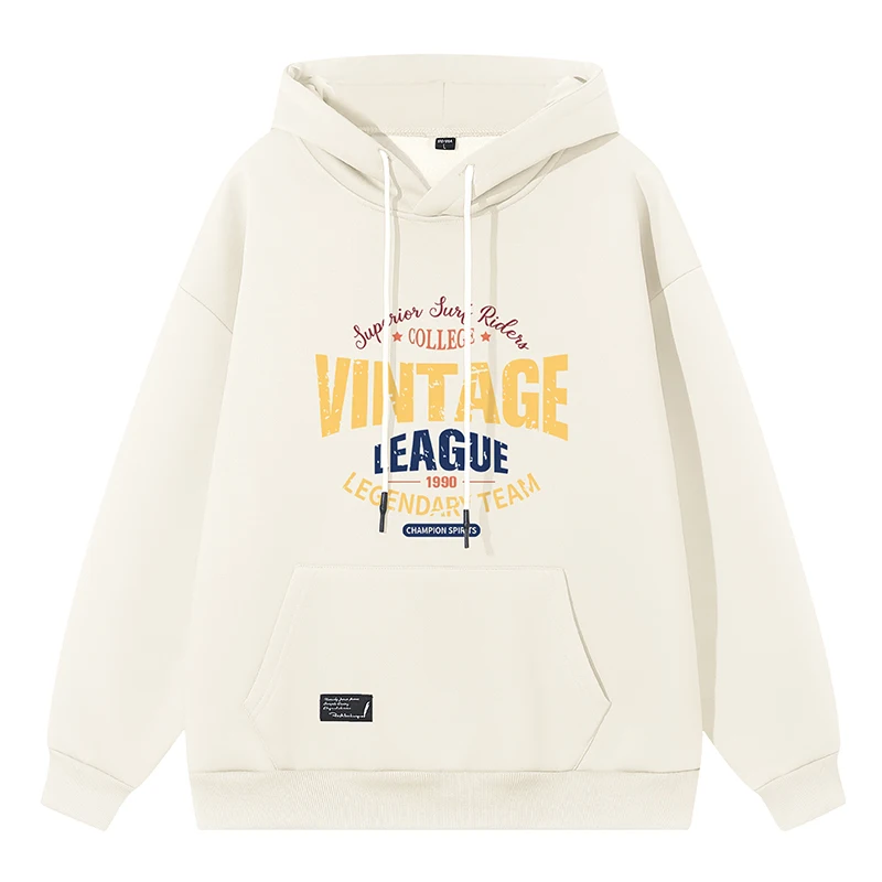 メンズ単色フード付きプルオーバー、レタープリント、ドローストリング、レタリングポケット、カジュアルスポーツパーカー、ルーズヴィンテージトップス、秋冬