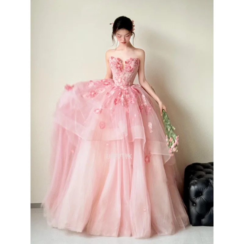Luxo floral appliqued vestido de festa de casamento feminino elegante rosa sem alças vestido de baile até o chão a linha puff vestidos de noite