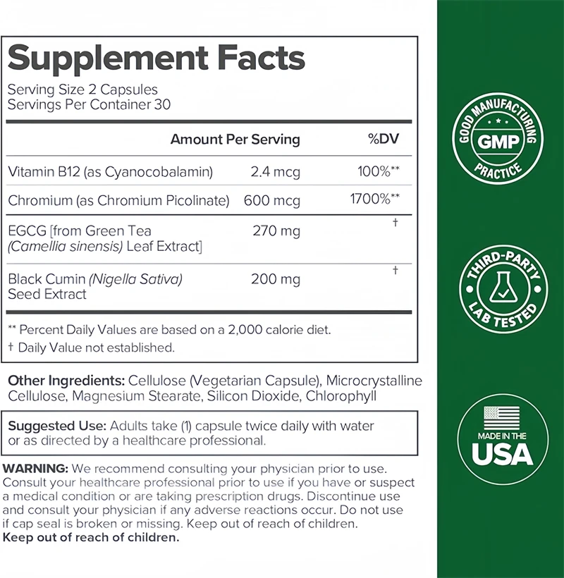 Integratore di tè verde Curb Cravings Capsule vegane Vitamina B12 Antiossidante Metabolismo Supporta Pillole per la perdita di peso Disintossicazione bruciare i grassi