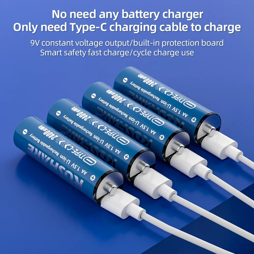 

KOSHARE AA 1.5V Li-ion Rechargeable Batteries 2400mWh Type-C Lithium AA Battery For emote control mouse Electric + Type-C Cable