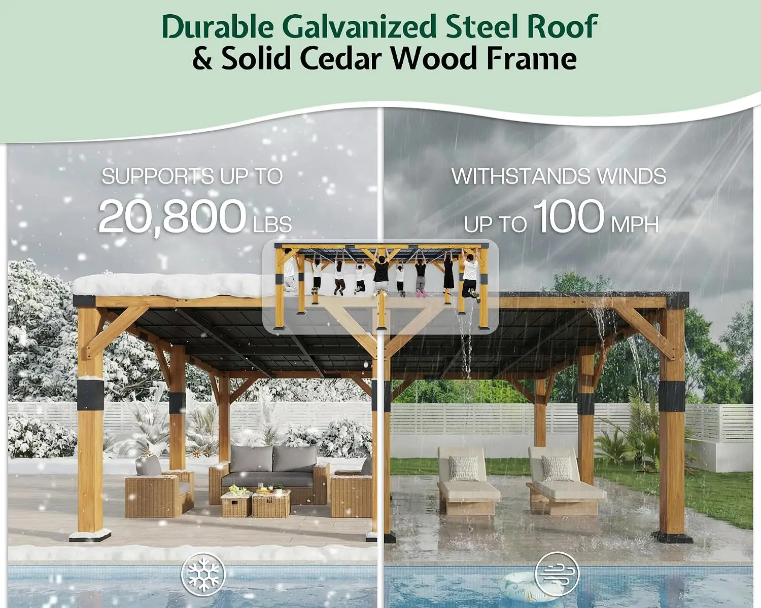 20' x 20' Cedar Wood Gazebo with Sloped Galvanized Steel Roof | Hardtop Gazebo Pavilion with Durable, Rot-Resistant Construction