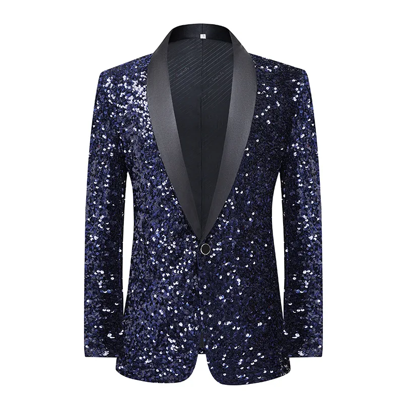 

Evening Celebrate Banquet Tuxedo Men's Singer Stage Performance Host Dress Blazer Navy Blue Shawl Collar Sequins Suit Jacket