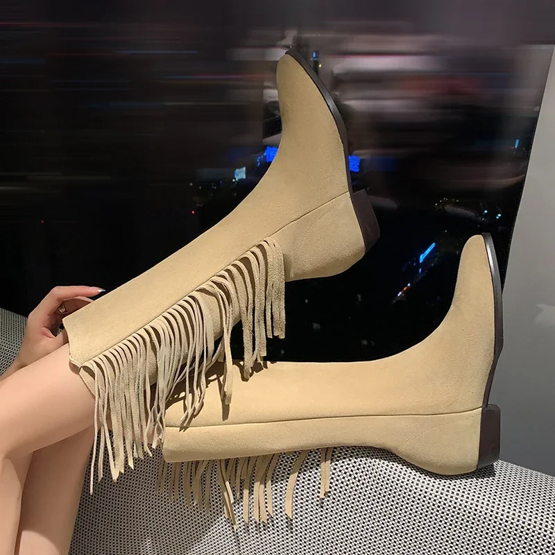 

Dropshipping New British Tassel Leather Boots Pointed Square Heel Flat Knight Boots Large Size Sexy Women's Boots Sneakers 34&40