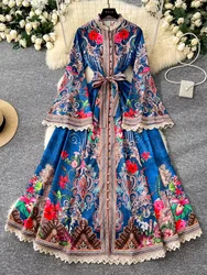 France Elegant Vintage Palace Evening Dress Women Print Flare Sleeve Long Party Dress Female Casual Holiday High End Clothing