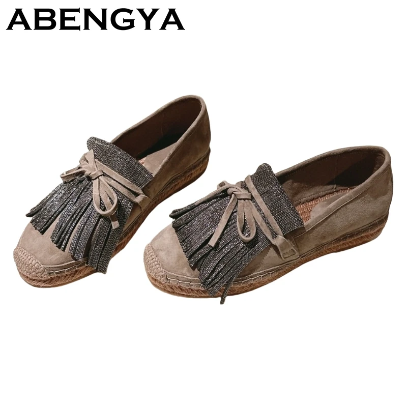 

Весна-лето 2023, замшевые кожаные лоферы на плоской подошве с кисточками, женские туфли на плоской подошве с круглым носком, женские повседневные прогулочные туфли Mujer