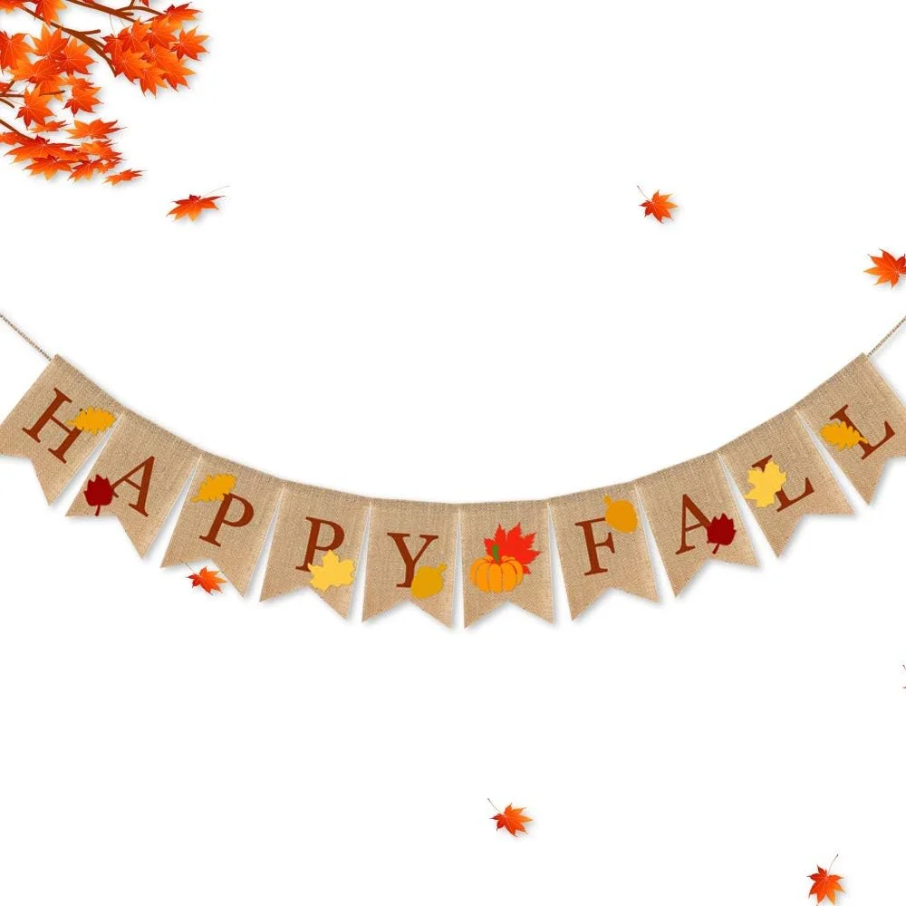 

Happy Fall Burlap Banner with Pumpkin Fallen Leaves Thanksgiving Day Autumn Party Banner Decorations Home Wall Decoration Supply