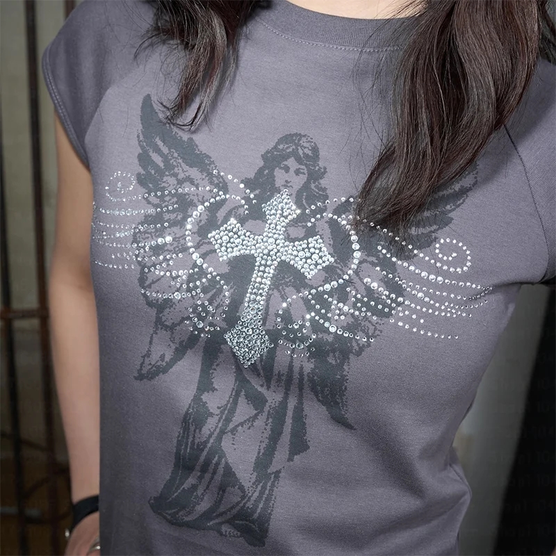 Women's Y2k Grunge T-Shirts 2000s Vinage Rhinestone Print angel T-Shirt Aesthetics Harajuku Round Neck Tops street fashion